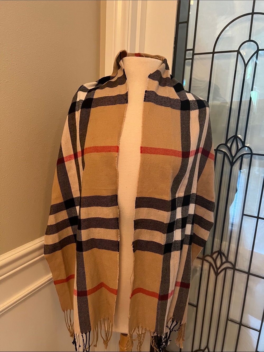 Classic Camel Plaid Men's Knit Shawl Sweater